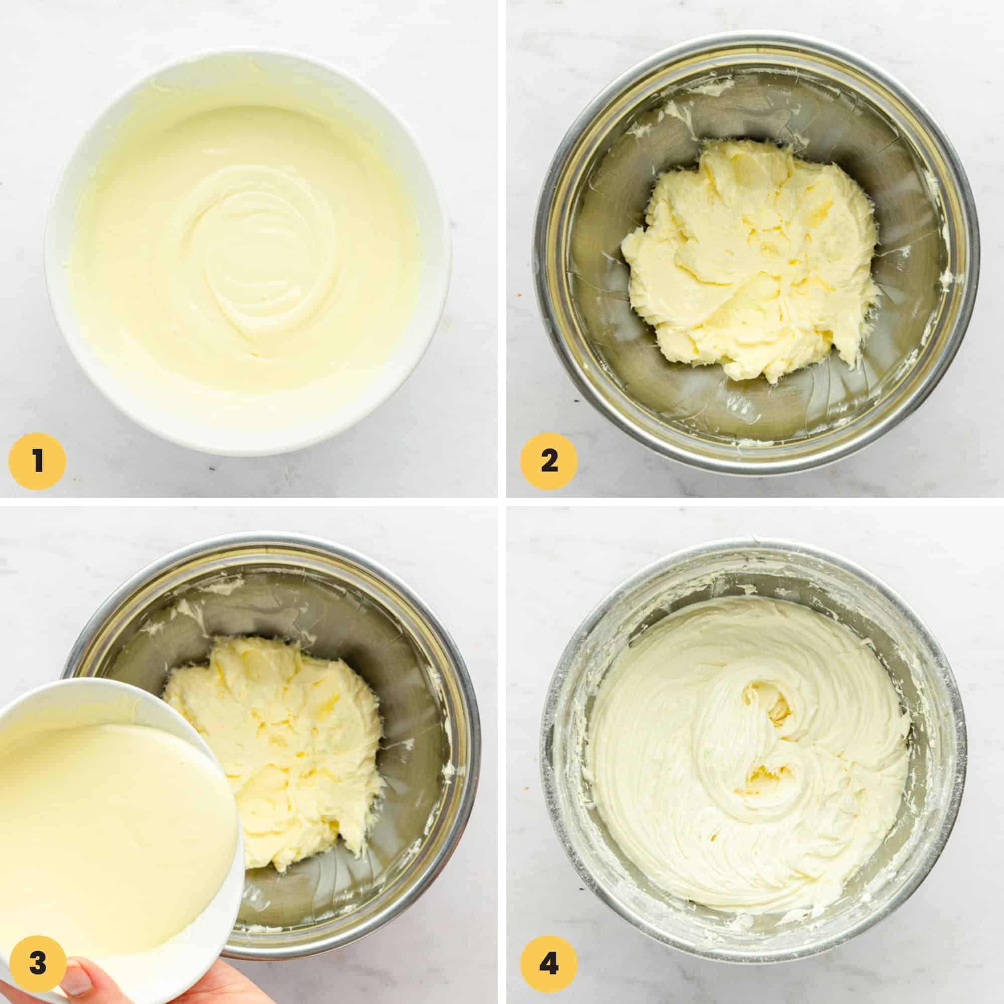 Collage of four images showing how to make white chocolate buttercream