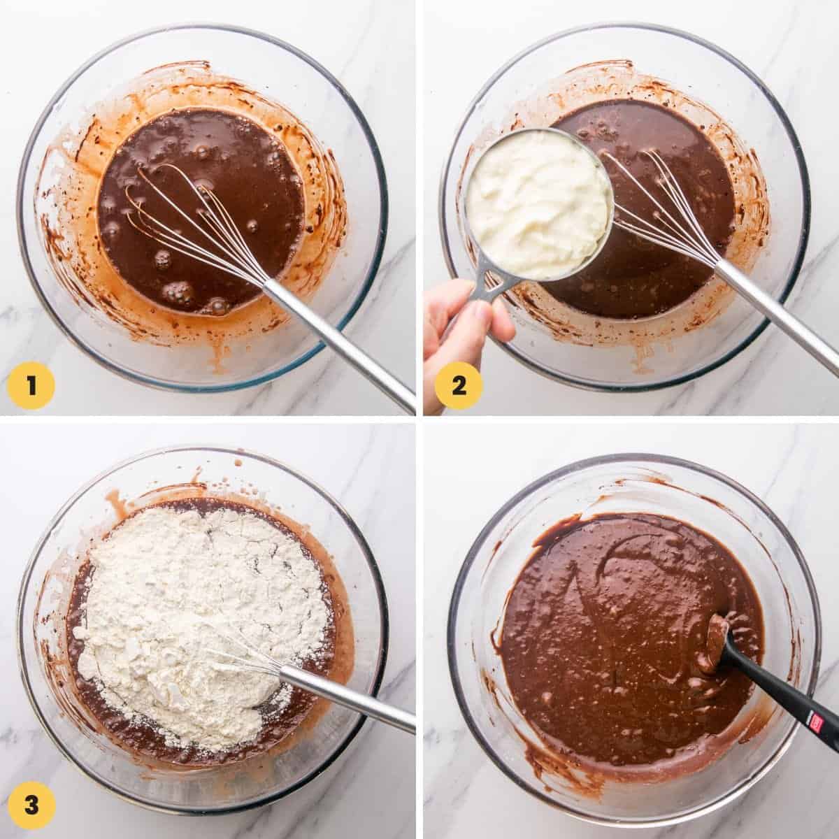 a collage of numbered images showing how to make the batter for mayonnaise cake. 