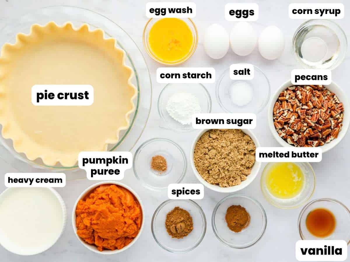 an unbaked pie shell next to the rest of the ingredients needed to make a pumpkin pecan pie. Each ingredient is labeled with a text box overlay.