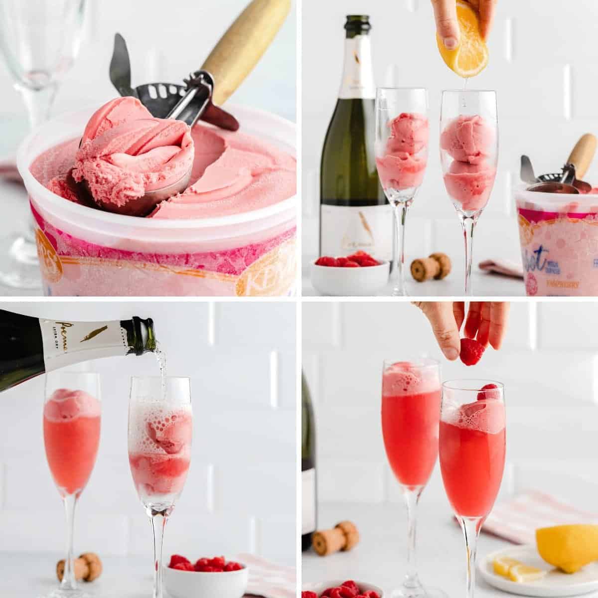 Collage of four images showing how to make a raspberry bellini