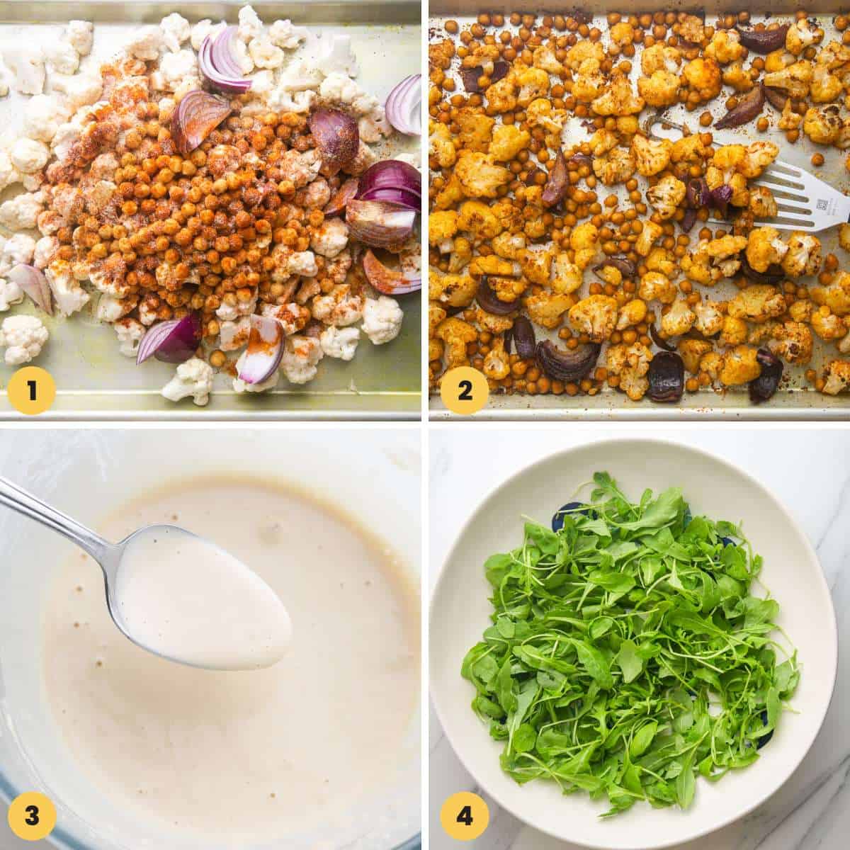 Collage on four images showing how to roast cauliflower and chickpeas, and make the tahini dressing.