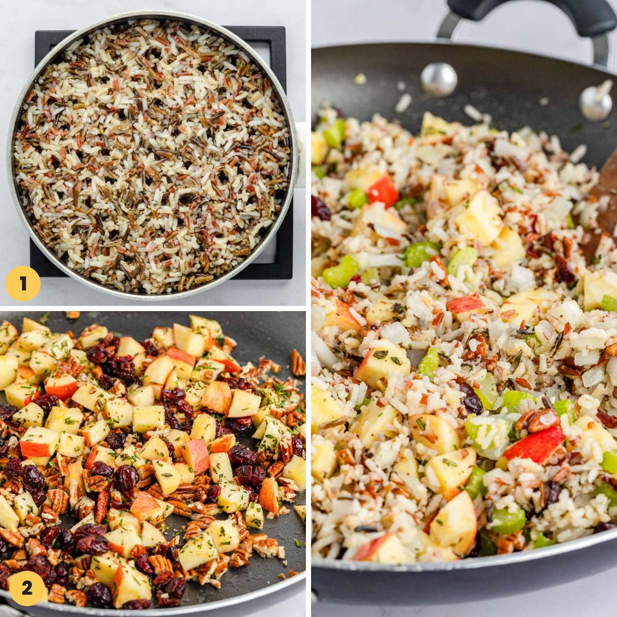 Collage of three images showing how to cook wild rice and make stuffing