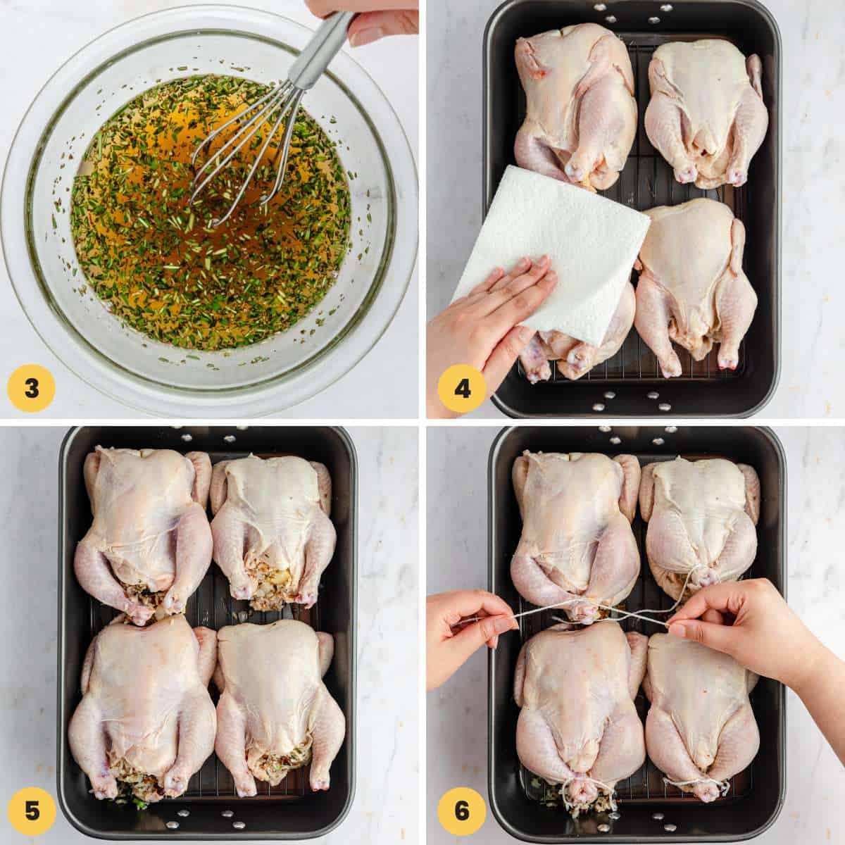 Collage of four images showing how to make glaze and prep cornish hens, stuff them, and truss them.