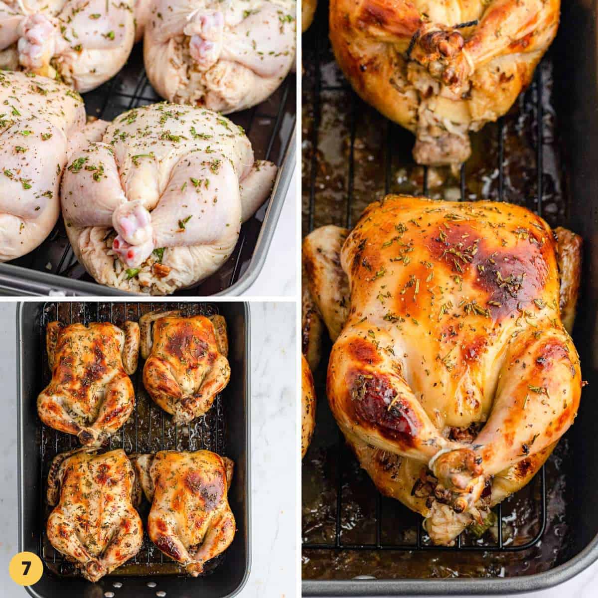 Collage of three images showing how to roast stuffed cornish hens