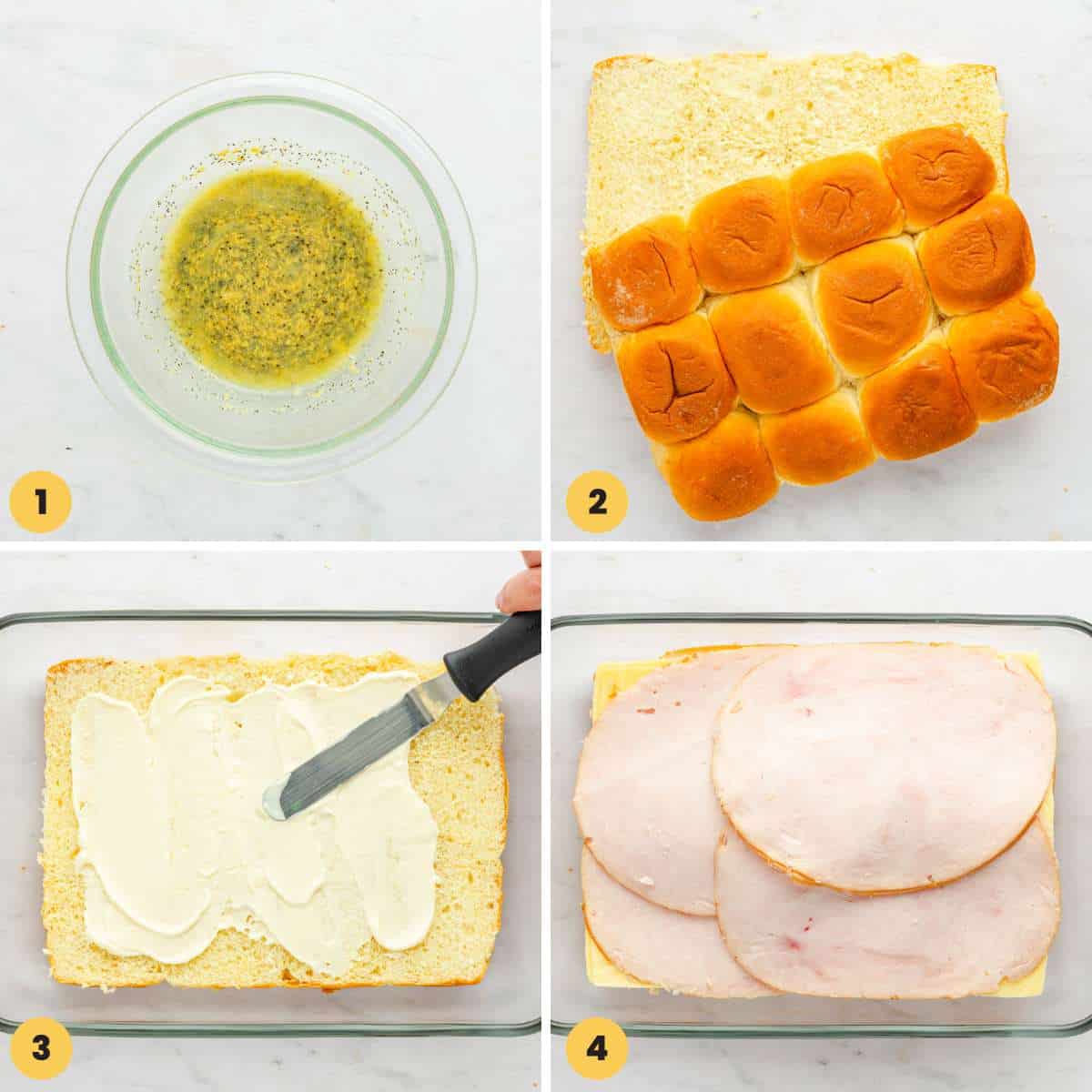 a collage of four numbered images showing how to make turkey sliders with hawaiian rolls