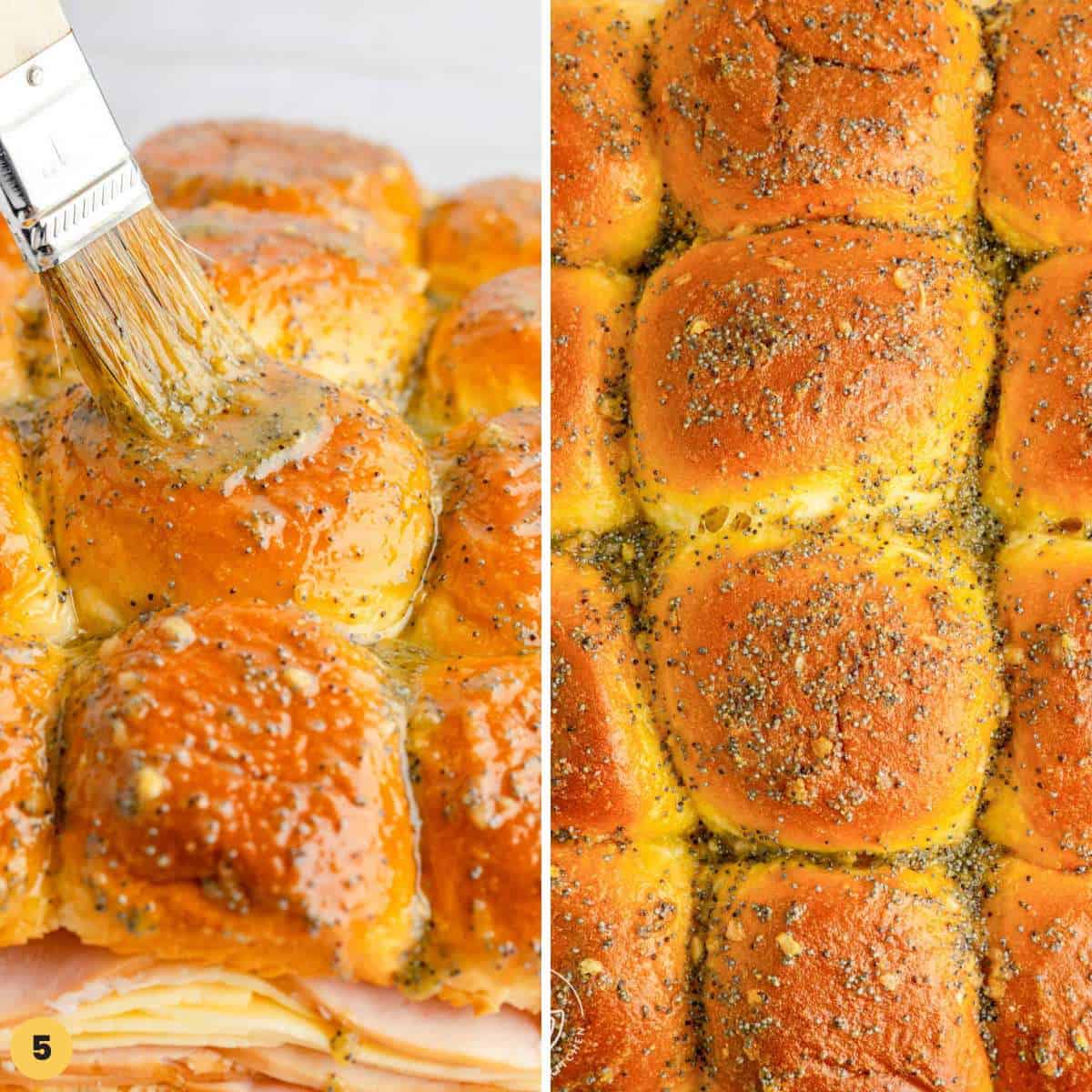 two photos showing how to brush sliders with butter and seasonings and bake them.