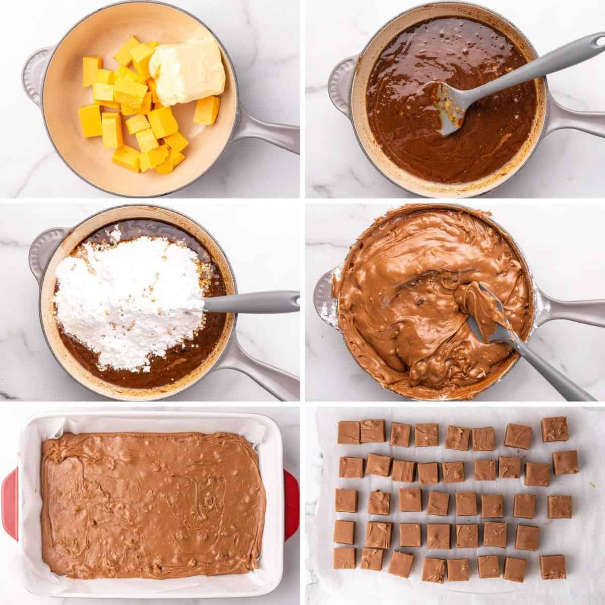 a collage of six images showing the steps needed to cook velveeta cheese into fudge.