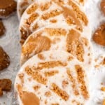 Sliced white chocolate salami with biscoff cookie pieces.