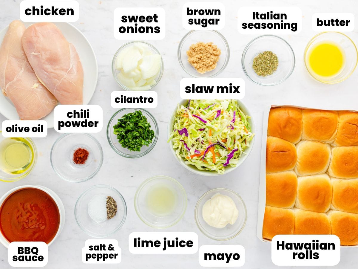 all of the ingredients you need to make bbq chicken sliders on hawaiian rolls, in separate bowls, arranged on a counter.
