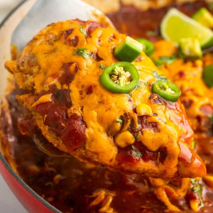 closeup of baked salsa chicken breasts topped with melted cheese. a serving spoon is holding up one breast.