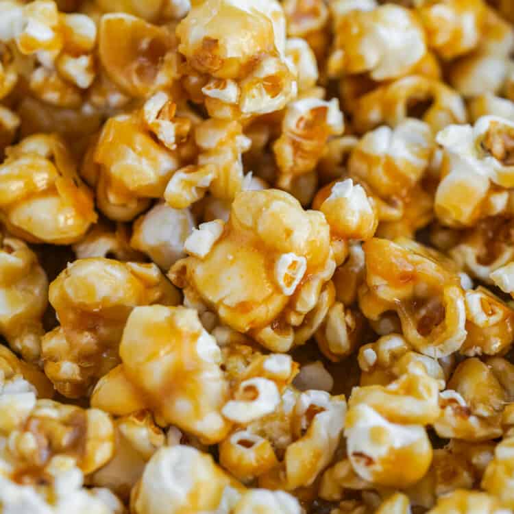 closeup view of popcorn with caramel.