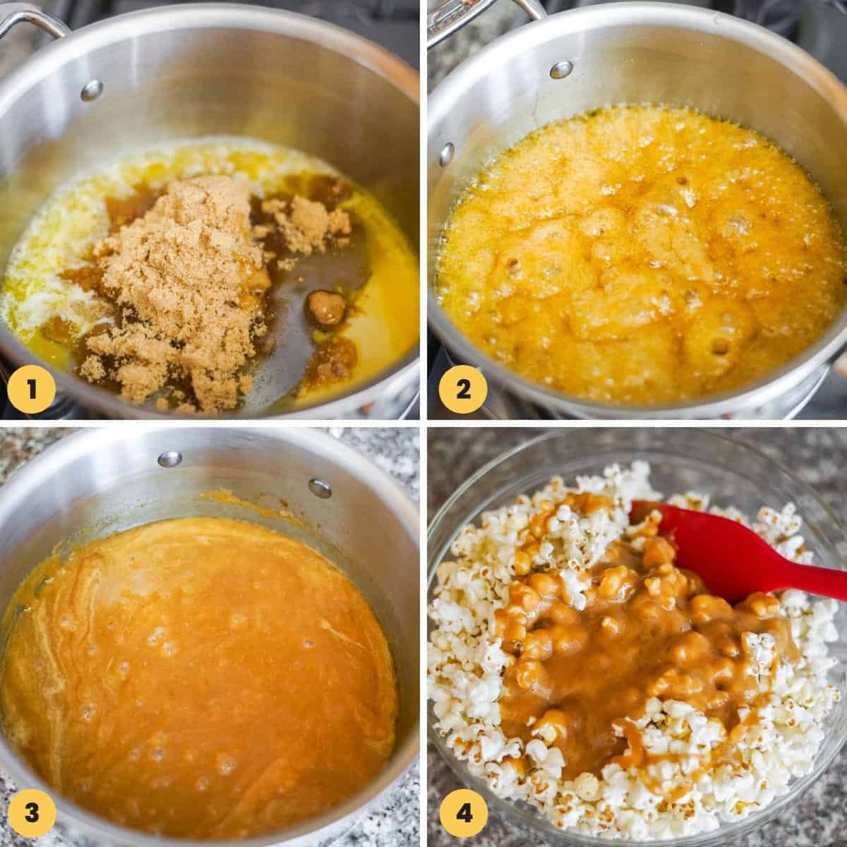 a collage of four numbered images showing how to make caramel popcorn