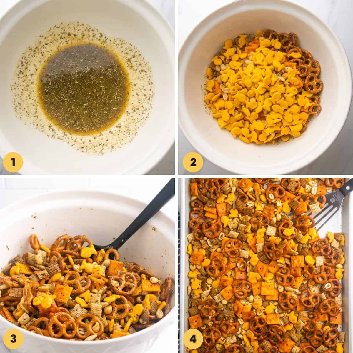 A collage of four numbered images, showing how to make homemade chex mix
