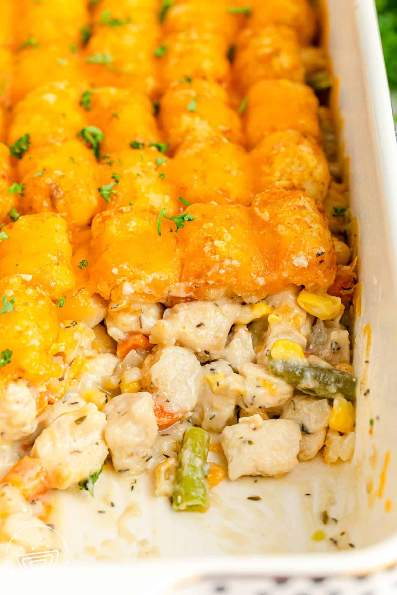 Close up shot of chicken tater tot casserole in the casserole dish showing the layers