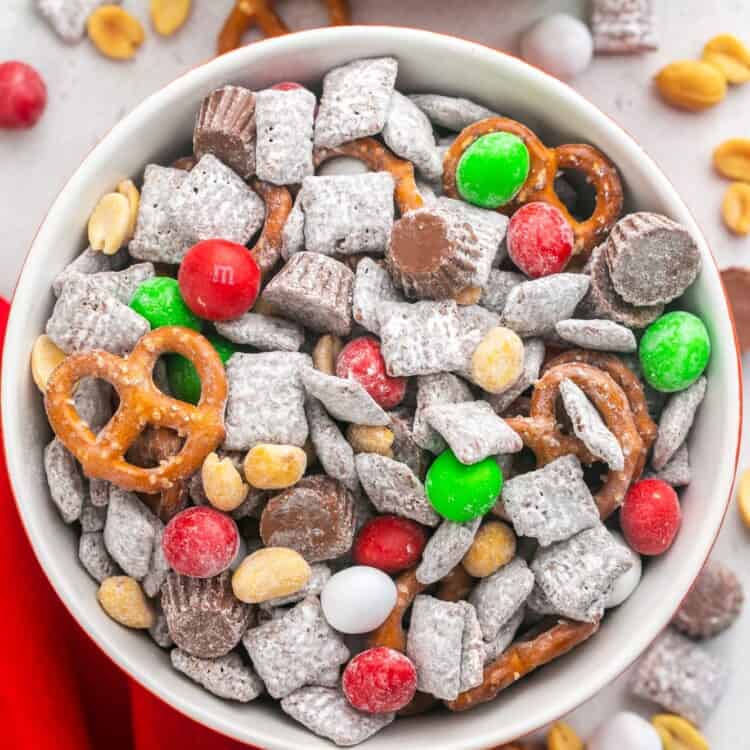overhead view of a bowl of christmas puppy chow