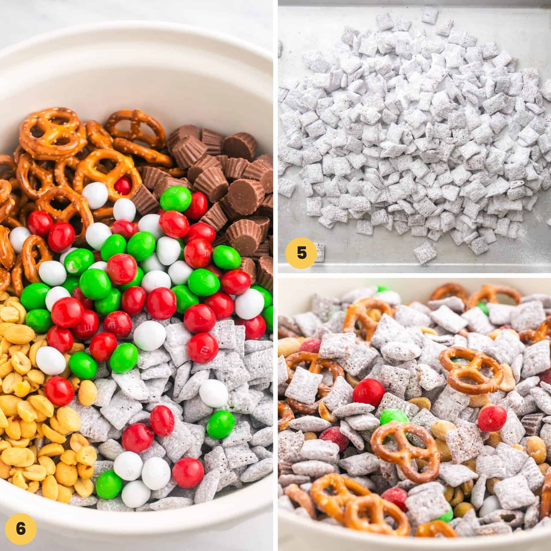 a collage of three numbered images showing how to mix puppy chow with candy and pretzels to make christmas reindeer chow