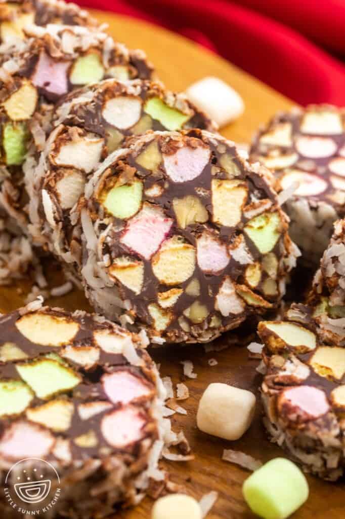 Sliced church window cookies with multicolor marshmallows