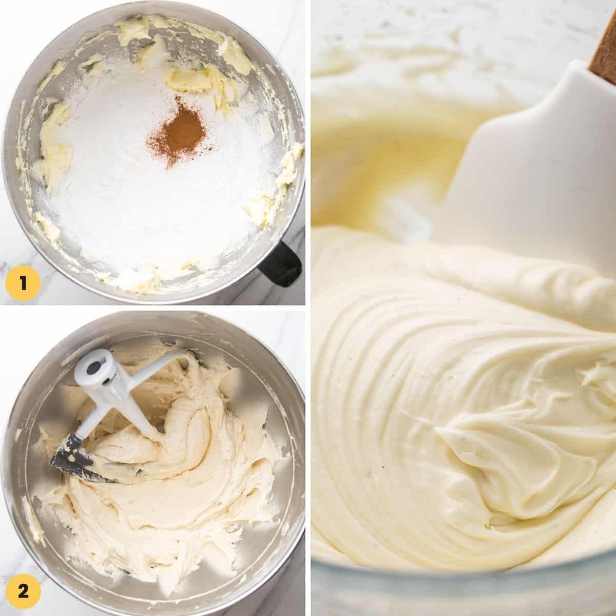 Collage of 3 images showing how to make cinnamon cream cheese frosting