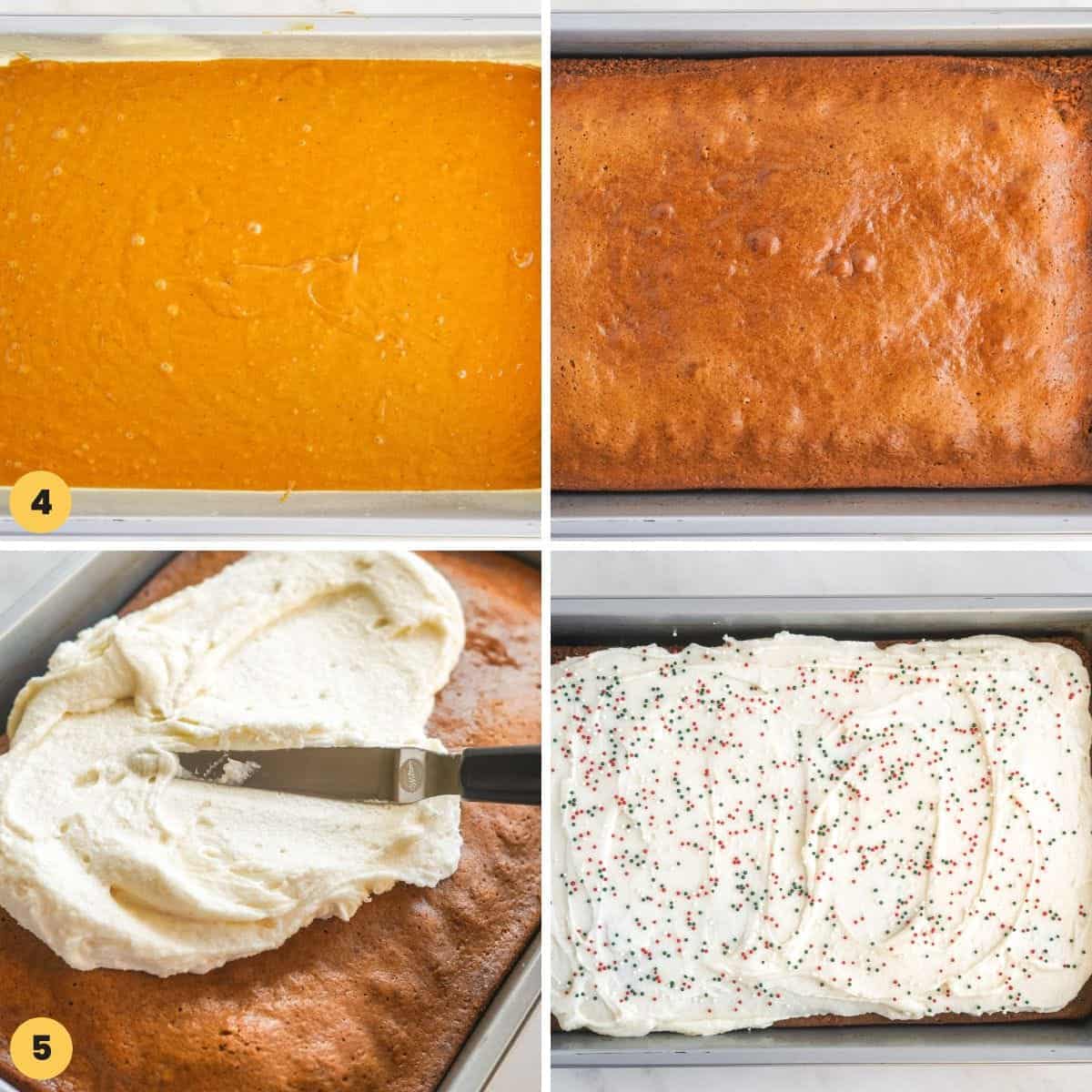 four images showing steps to bake and frost a ginger cake for christmas