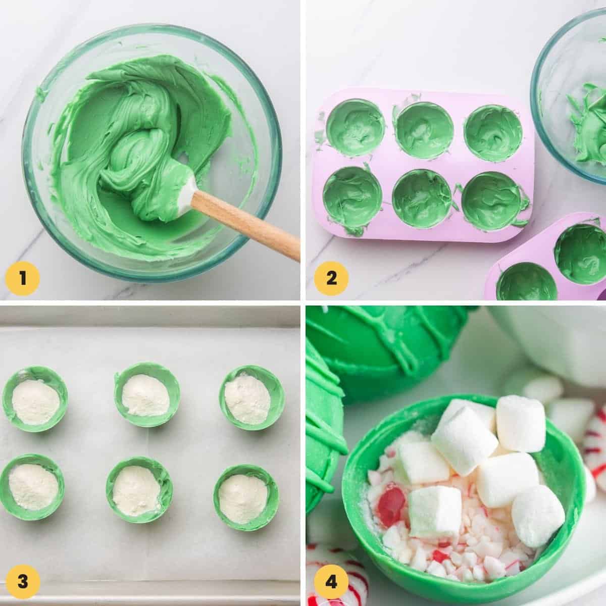 Collage of four images showing how to make green hot chocolate bombs