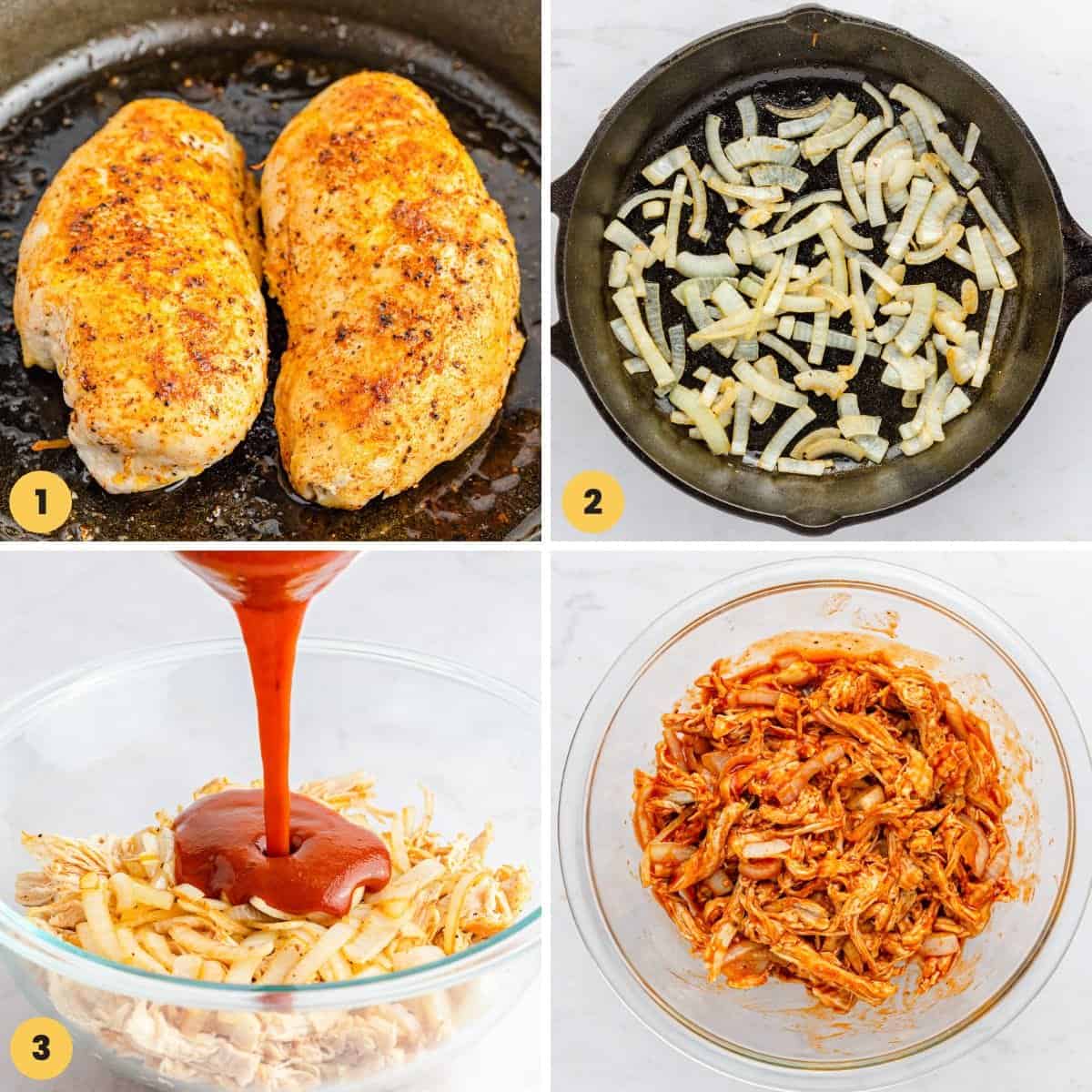 a collage of images showing how to complete steps one and two of making barbecue chicken sliders.