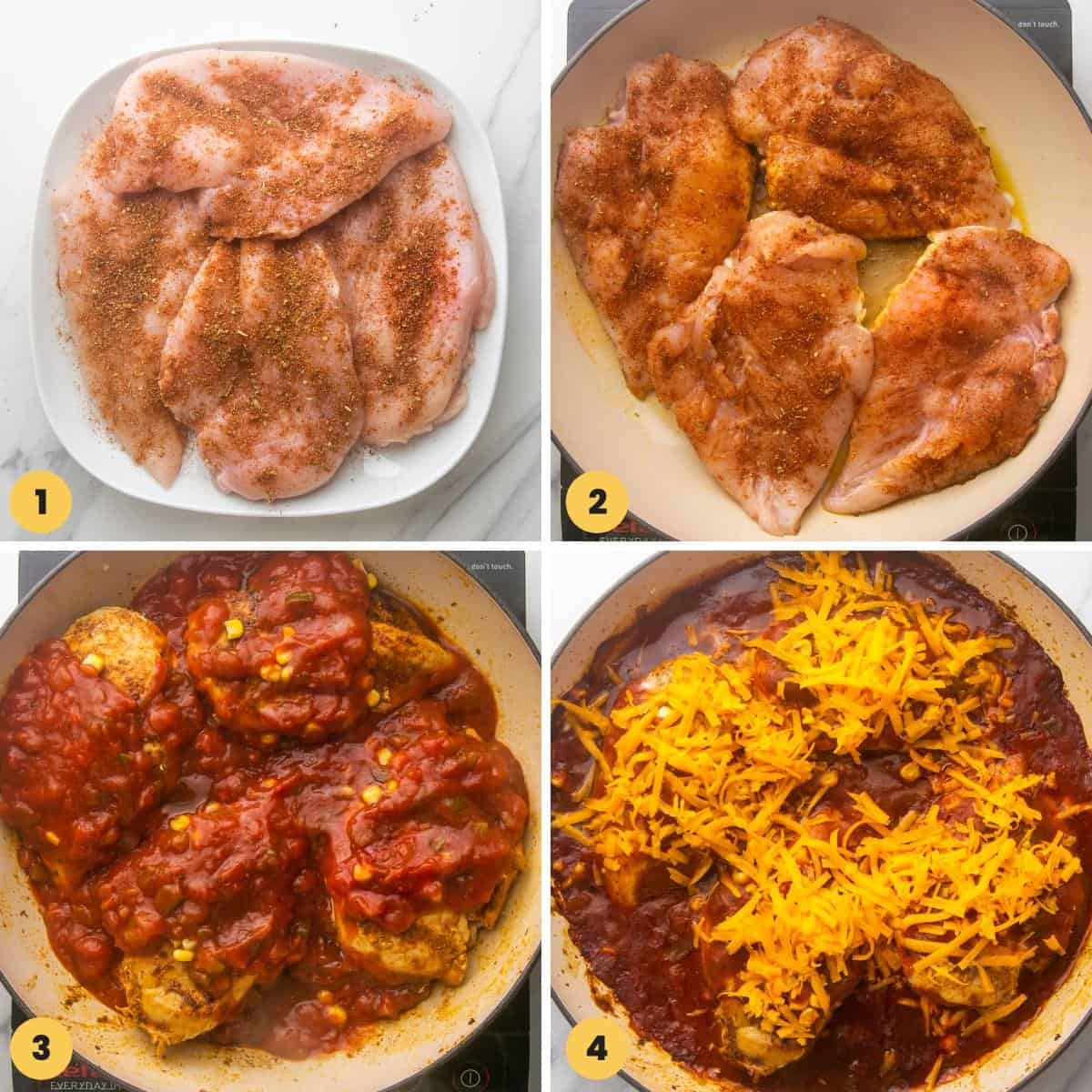 A collage of four images showing how to make salsa chicken in the oven.