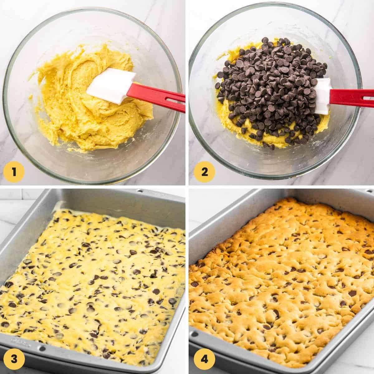 Collage of 4 images showing how to make cake mix cookie bars