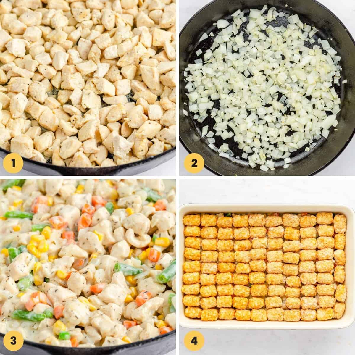 Collage of four images showing how to make chicken tater tot casserole filling, and assemble before baking