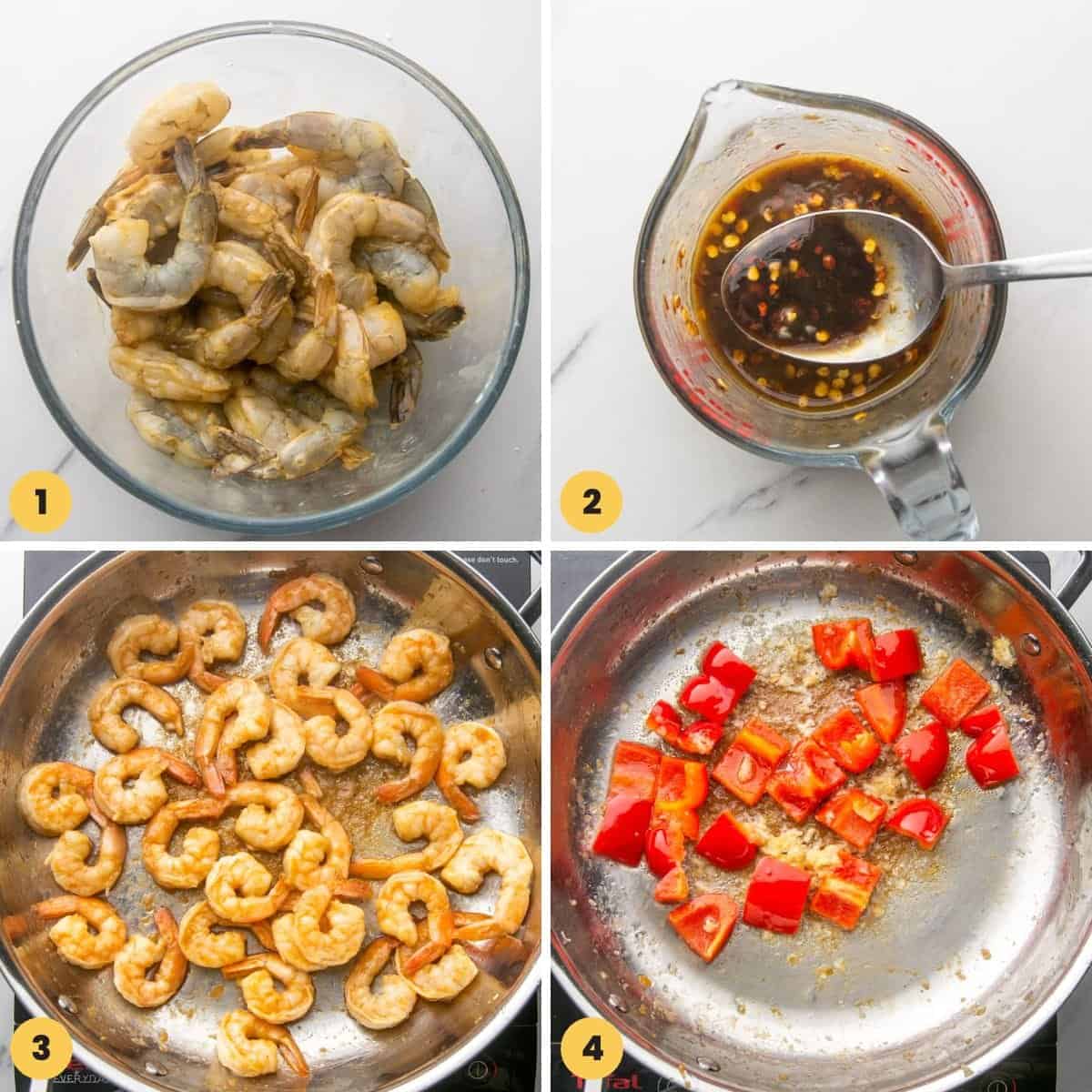 Collage of four images showing how to marinate shrimp, make kung pao sauce, cook shrimp and veggies.