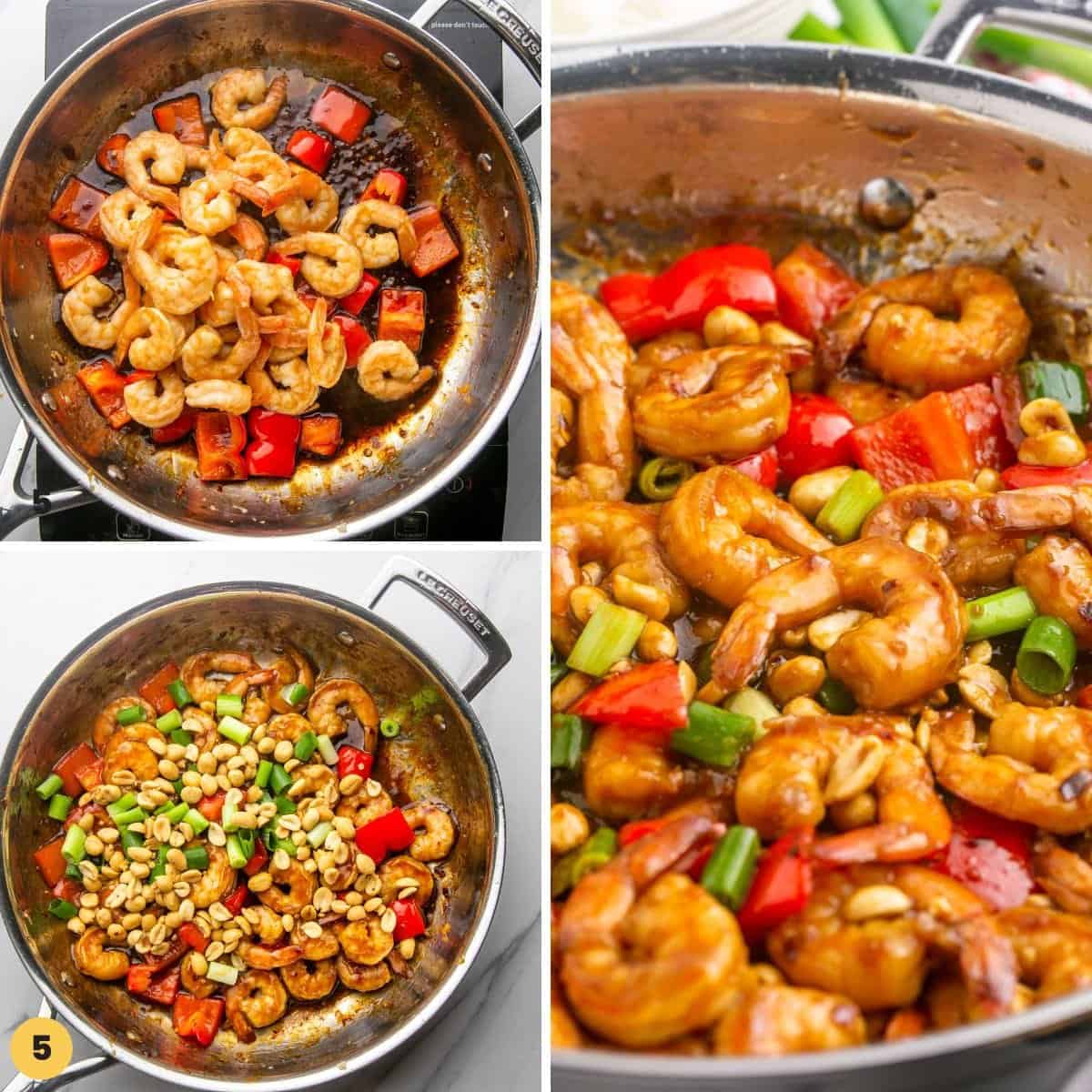 Collage of 3 images showing how to stir fry kung pao shrimp