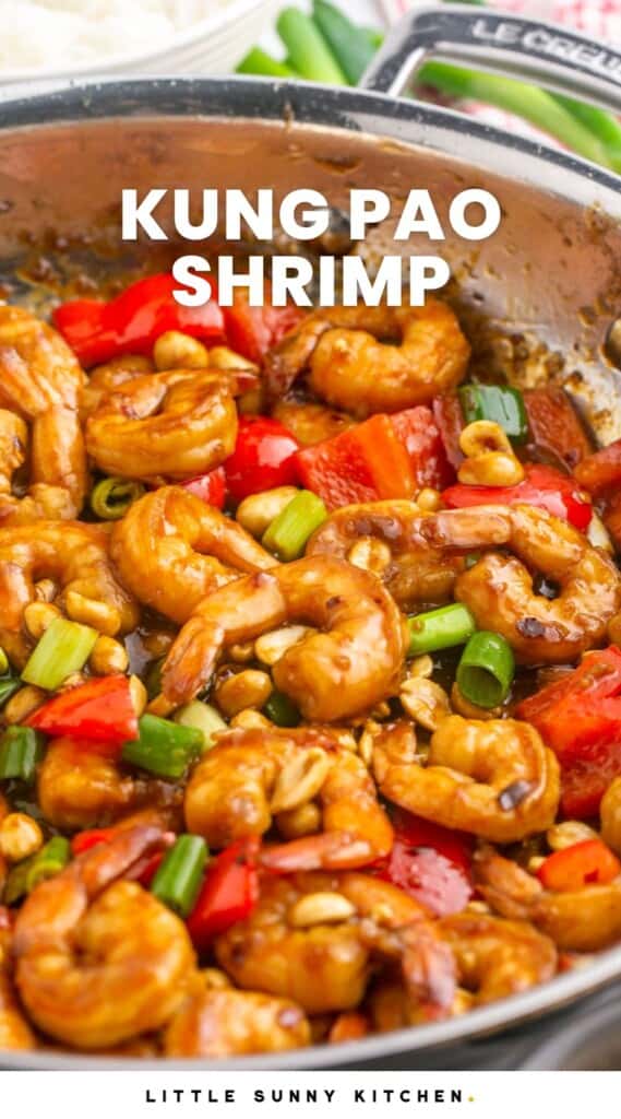 Kung pao shrimp in a skillet, with overlay text that says "kung pao shrimp"
