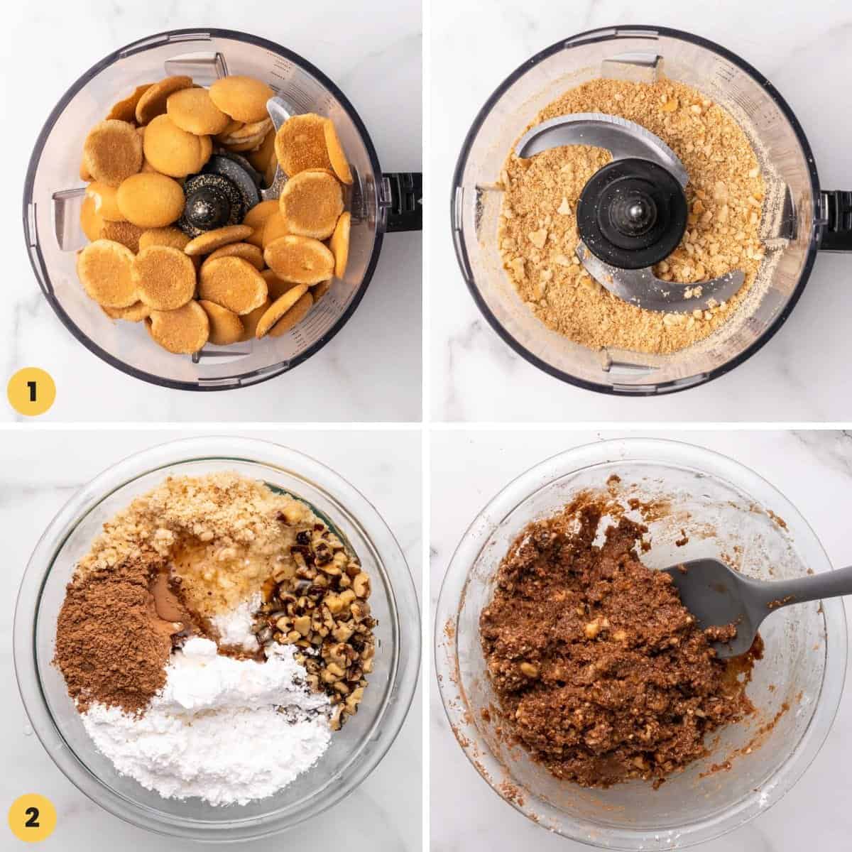a collage of images showing how to make rum balls by crushing nilla wafers in a food processor and then mixing with the other ingredients to form a paste.