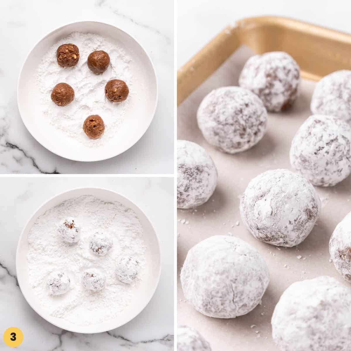 a collage of images showing how to roll rum balls and coat with powdered sugar.