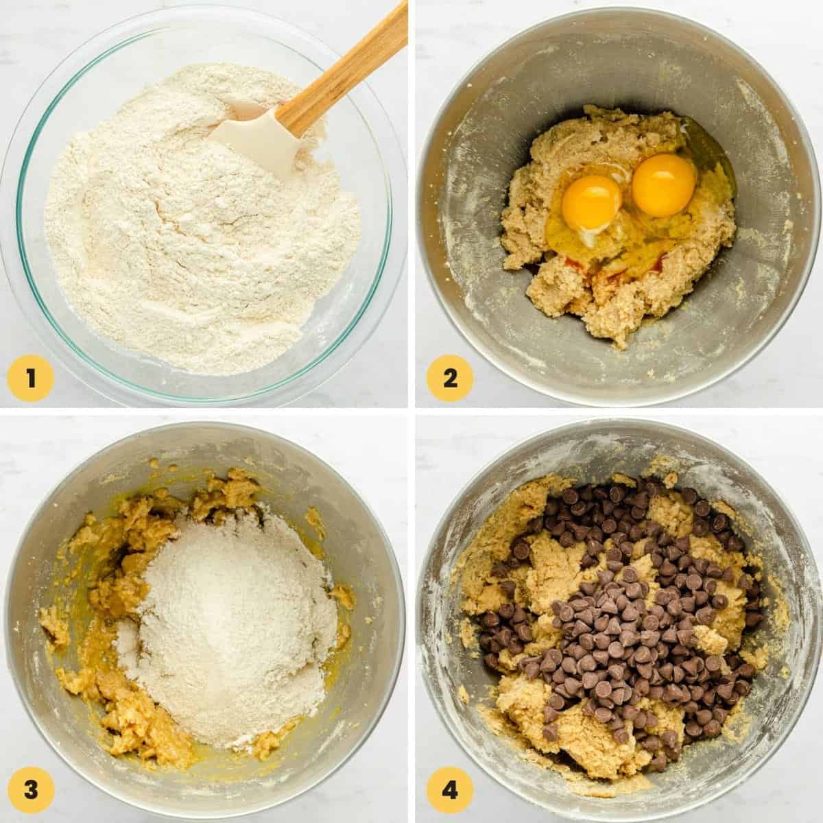 A collage of images numbered 1-8 that show how to mix cookie dough for cookie bars with chocolate chips.