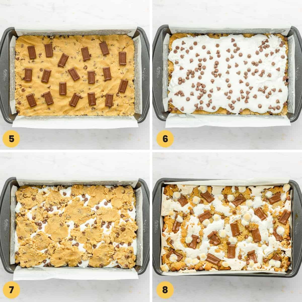 A collage of four images numbered 5-8, showing a baking pan and the order for layering ingredients to make smores cookie bars.