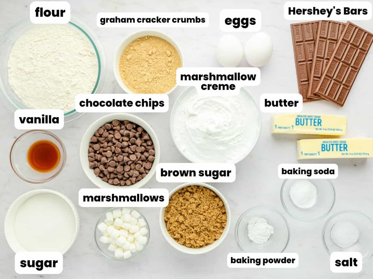 The ingredients needed to make smore's bars, including marshmallows, hershey's bars, graham cracker crumbs, and traditional cookie ingredients. Each is in it's own bowl ,and labeled with a white text box.