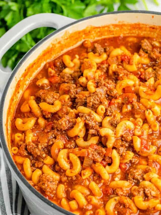 American goulash in a white dutch oven