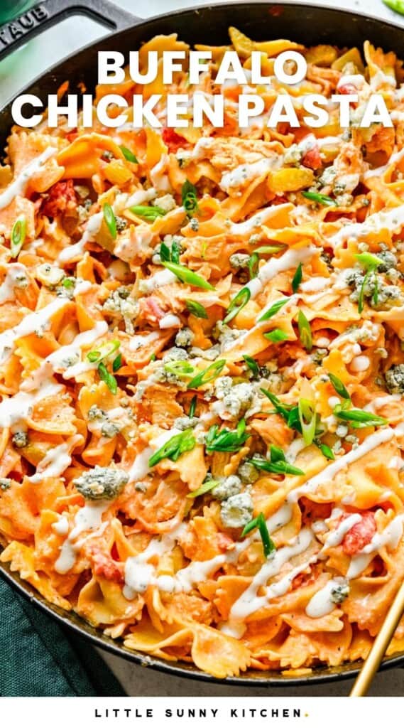 bowtie pasta with creamy sauce and blue cheese crumbles. Text overlay says "buffalo chicken pasta"