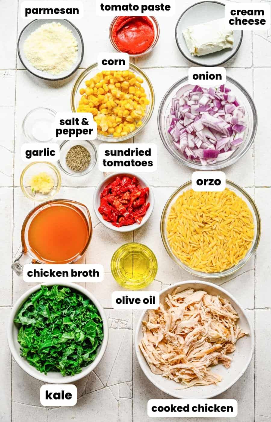 The ingredients needed to make the best creamy chicken orzo with sundried tomatoes and corn.