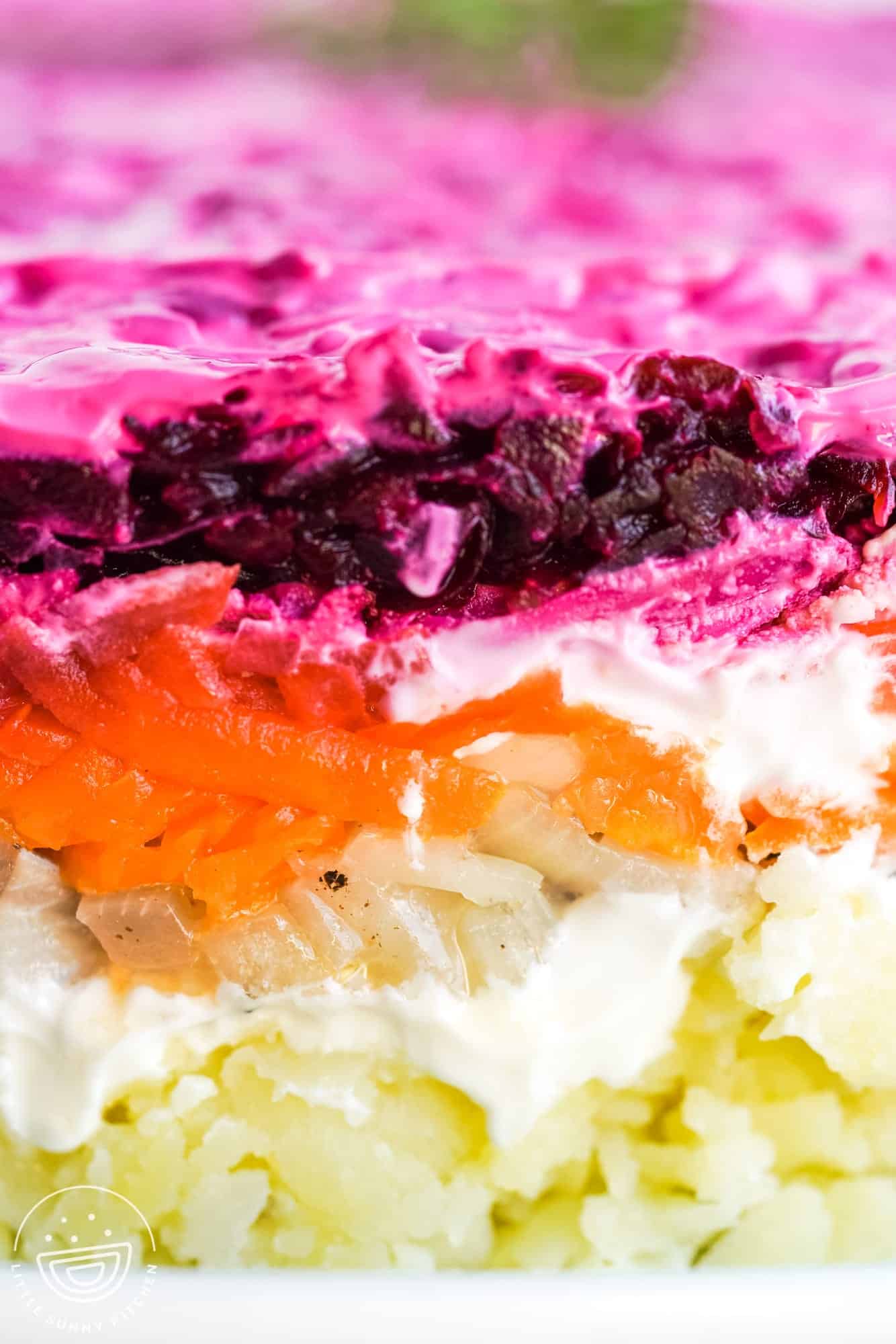 Close up shot of herring salad layers