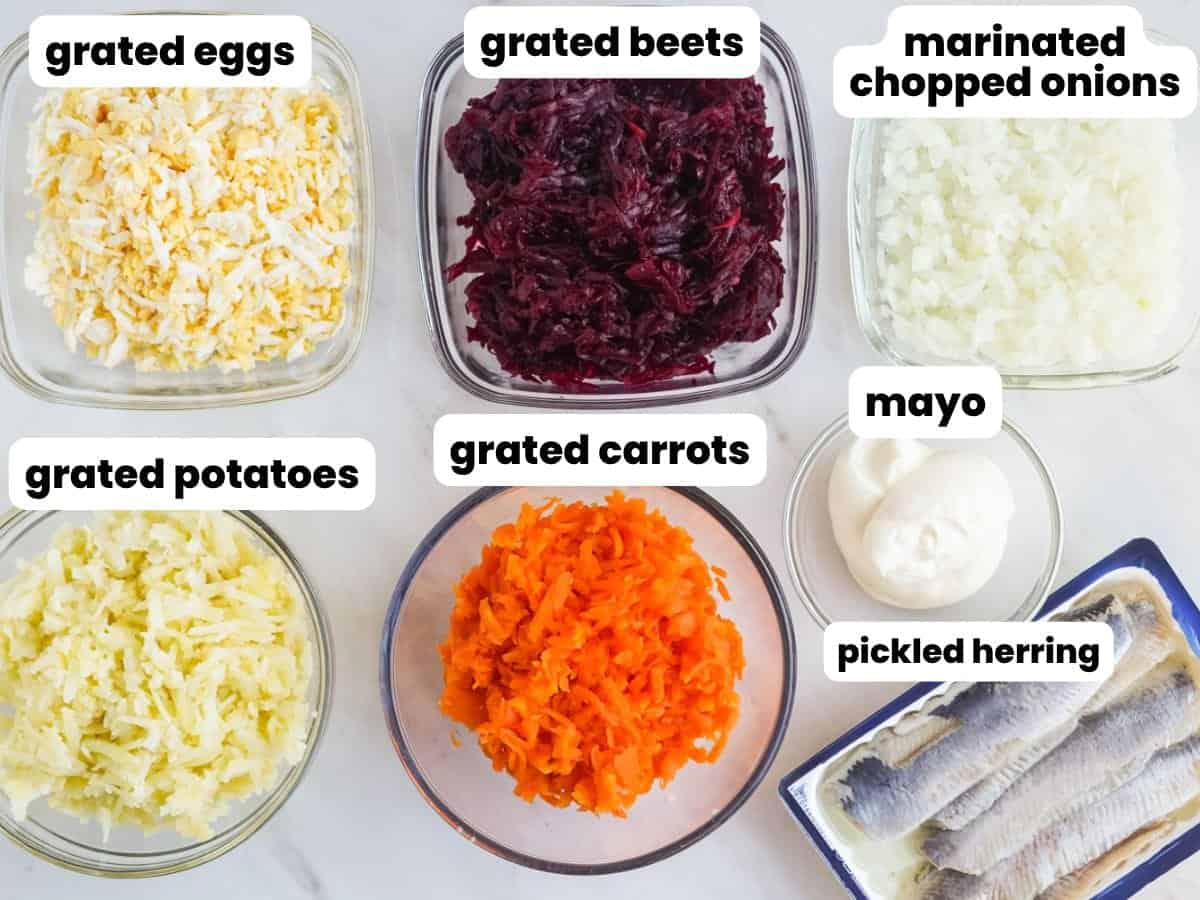 Ingredients needed to make herring under a fur coat salad