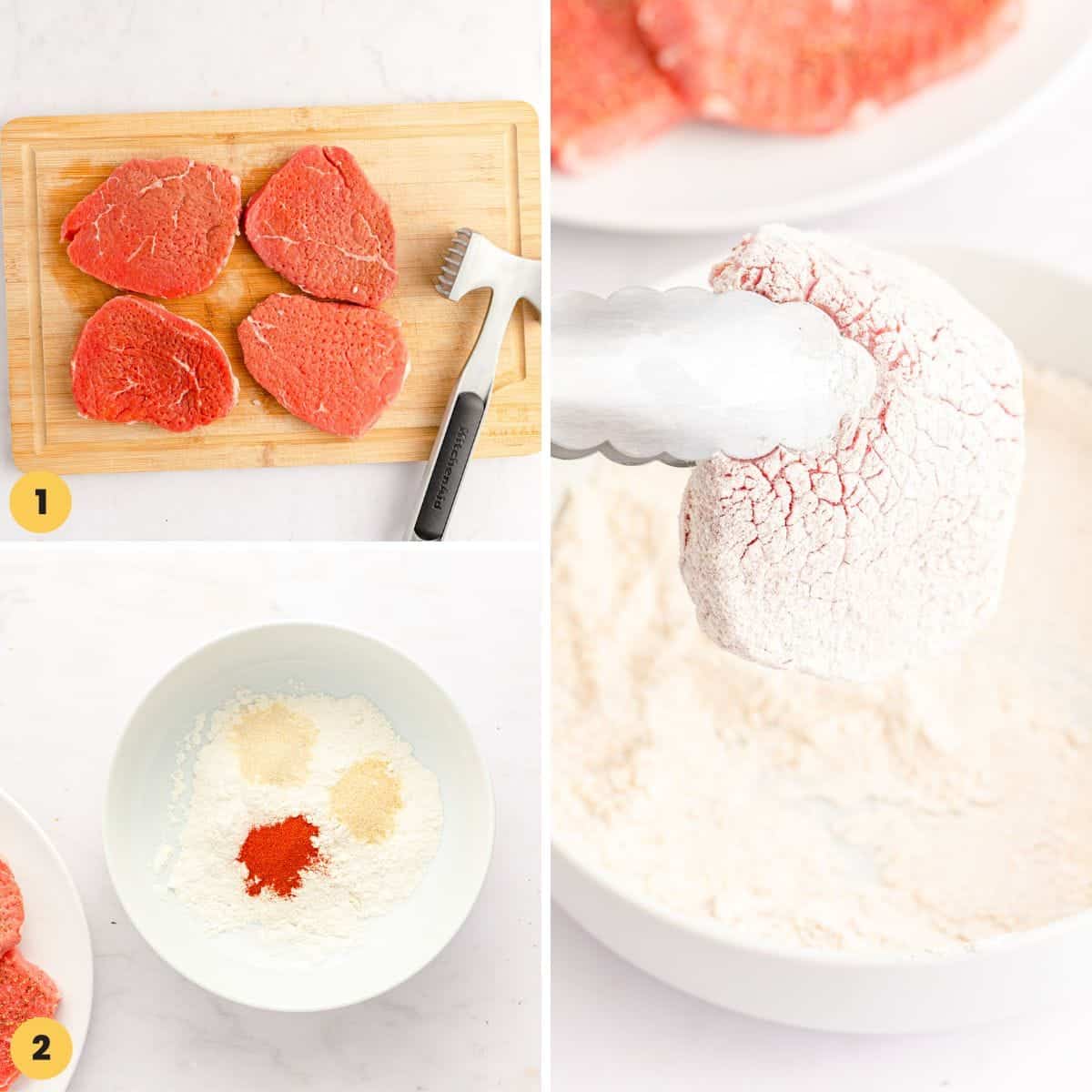 Collage of 3 images showing how to pound round steaks, and dredge in seasoned flour