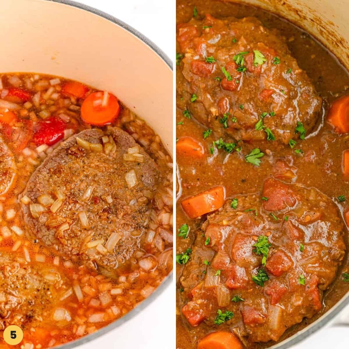 Collage of 2 images showing the braised swiss steak before braising and after braising