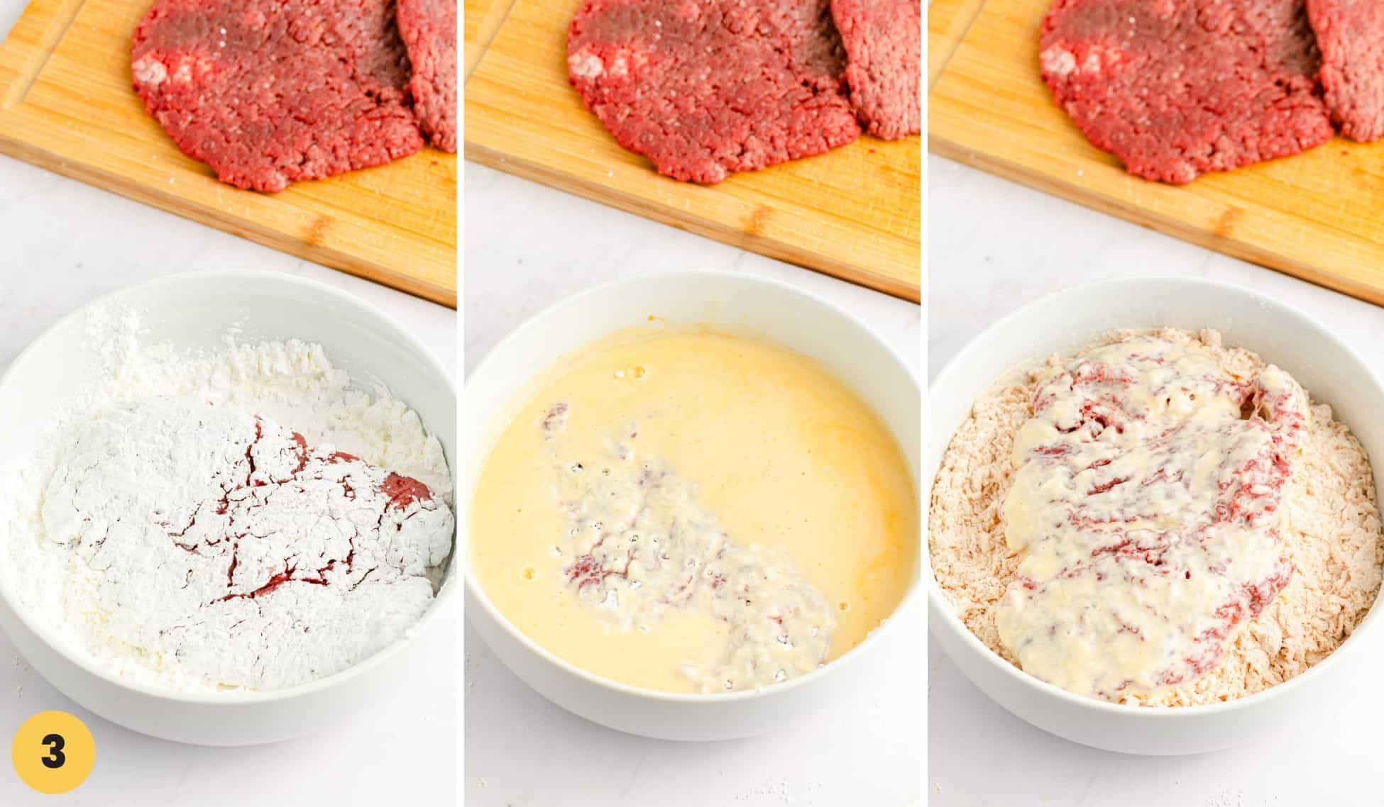 Collage of 3 images showing how to dredge cube steak in cornstarch, egg, and flour