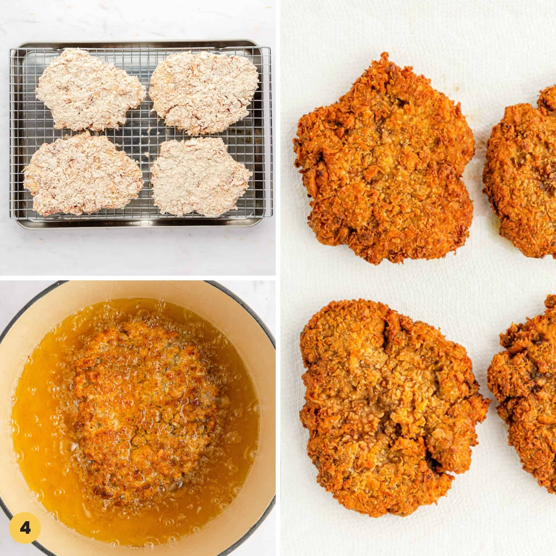 Collage of 3 images to show how to fry cube steak to make chicken fried steak