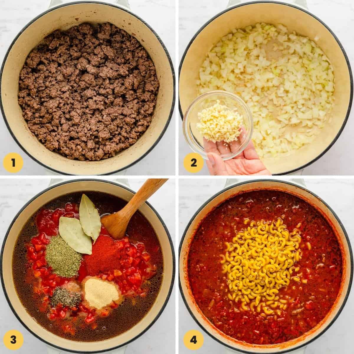 Collage of four images showing how to make american goulash