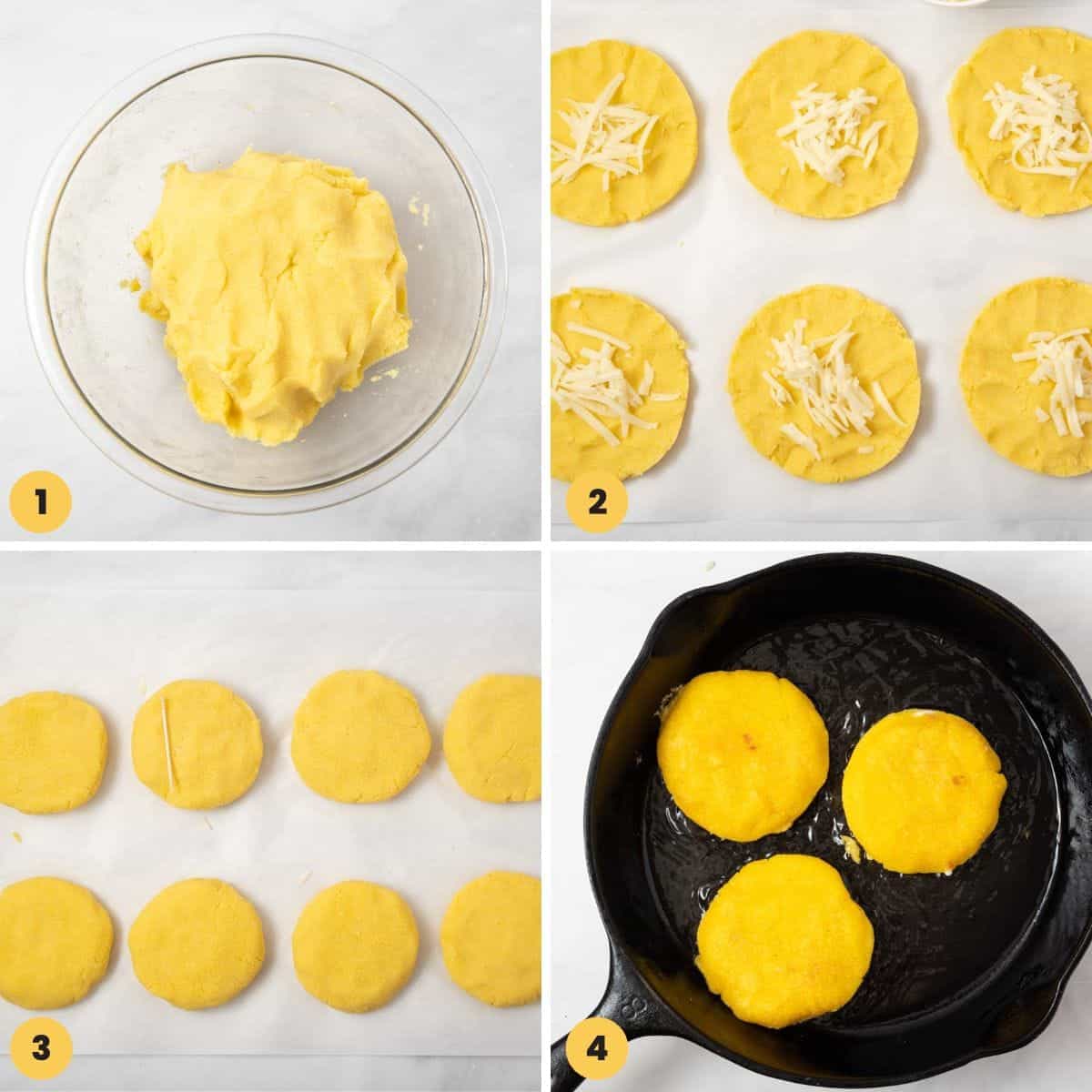 a collage of four images showing how to make arepas and stuff them with cheese.