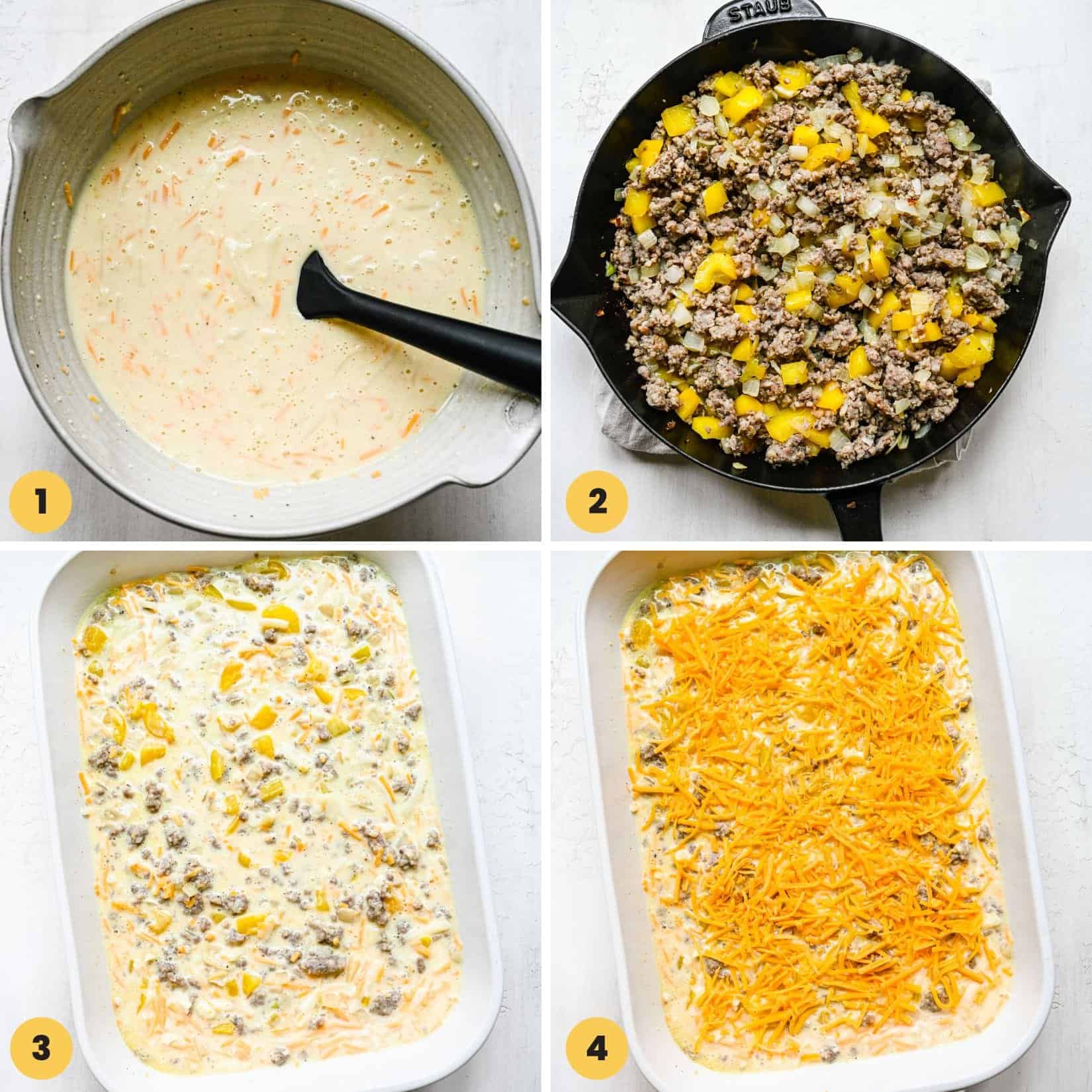 a collage of four images showing how to make bisquick breakfast casserole.