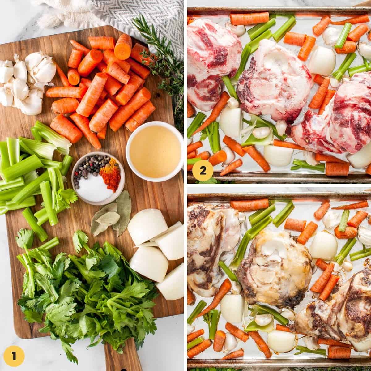 a collage of images showing how to prep bones and roast veggies to make broth.