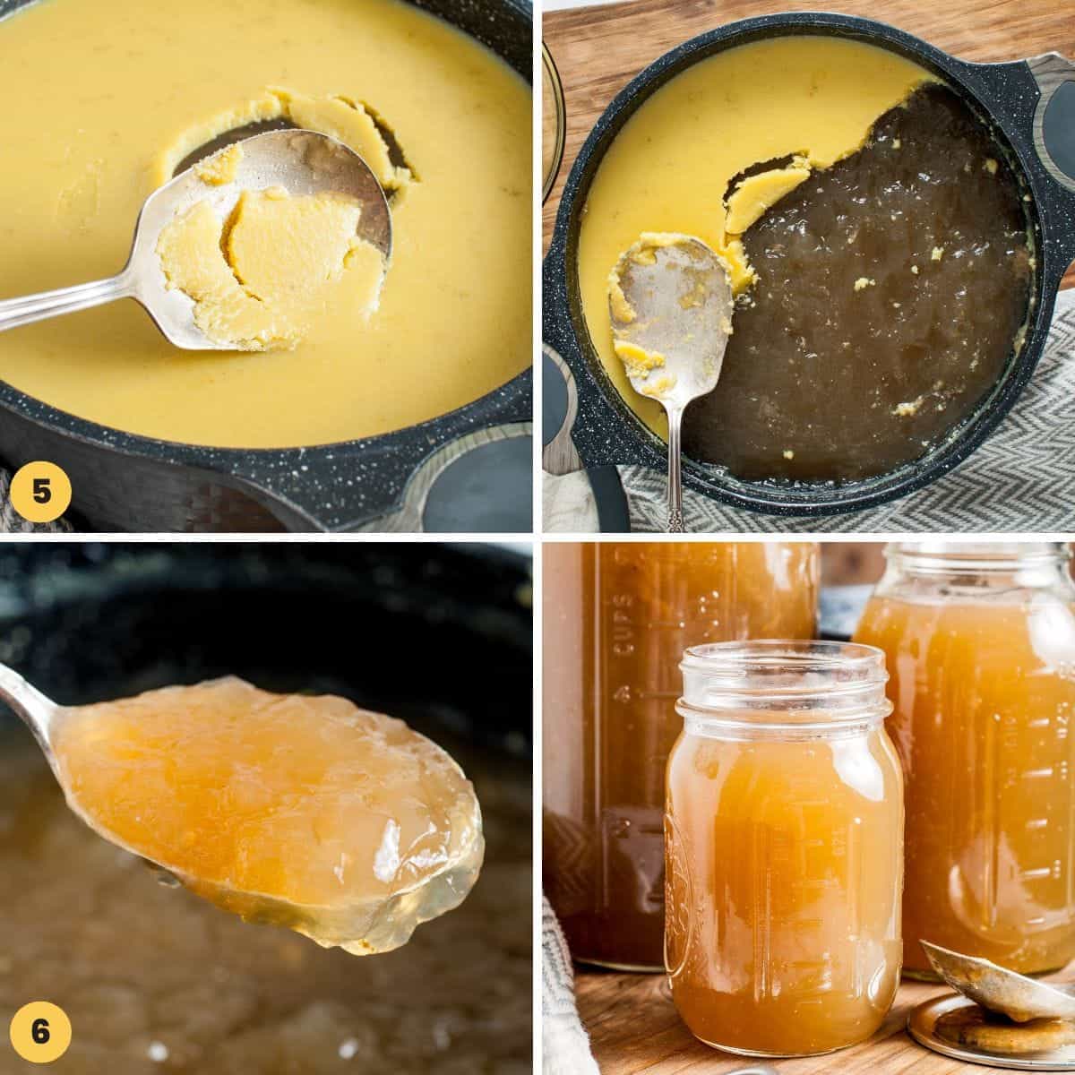 a collage of images showing how to remove the fat from bone broth and transfer it into jars for storage.
